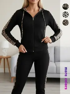 Women's Patchwork Leopard Print Side Stripe Zip Up Drawstring Hoodie & Pants Two-piece Set, Casual Long Sleeve Hooded Sweatshirt & Trousers for Fall & Winter, Women's Clothes for Daily Wear