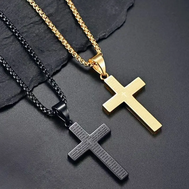 Men's & Boys' Minimalist Christian Cross Necklace - Hypoallergenic Stainless Steel Pendant, 18-24 in Box Chain, Gold/Silver/Black Vacuum Electroplating Options