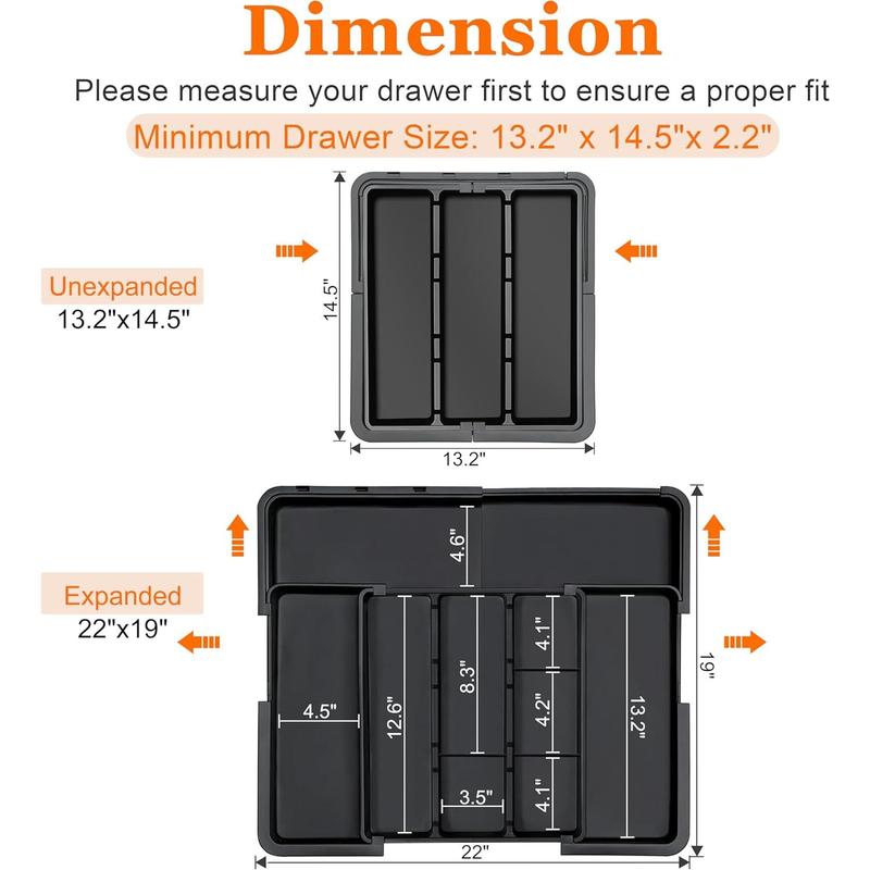 Large Cutlery Drawer Organizer Expandable Cutlery Storage Box Suitable for Kitchen Drawers Adjustable Cooking Utensil Rack Cutlery Knife Fork Spoon Tray Spatula Tool Small Tool Storage Divider Plastic Material Black