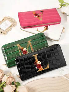 Women's Fashionable Crocodile Embossed Long Wallet, Multi Card Slot Letter Decorative Multifunctional Wallet, Elegant Stacked Card Slot and Zipper Pocket for Women, Flower Pattern Wallet