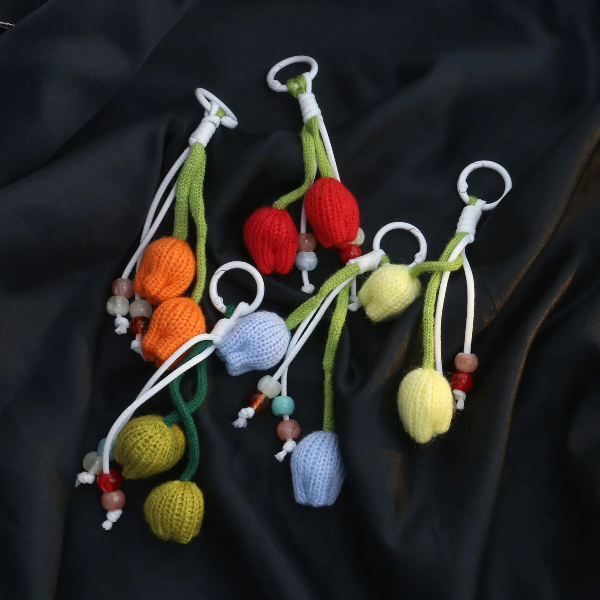 Aesthetic Handmade Fabric Tulip Flower Crossbody Lanyard Keychain for Phone Case - Unique Designer Pendant, Cute Pastel Pink Green Figural Bag Clip, Adjustable Flower Ornament Accessory for Travel, Daily Use, Bead, Accessories, Flower Charms Keychains