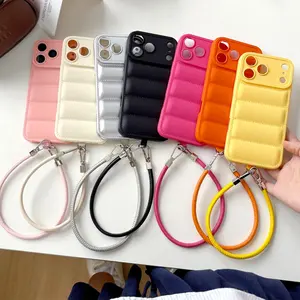 Case With Straps Soft Puffer Down Jacket Case For iPhone 17 Pro Max 17 Air 16E 16 15 Pro Max 15 Plus Solid Color Shockproof Cover Phone Accessory
