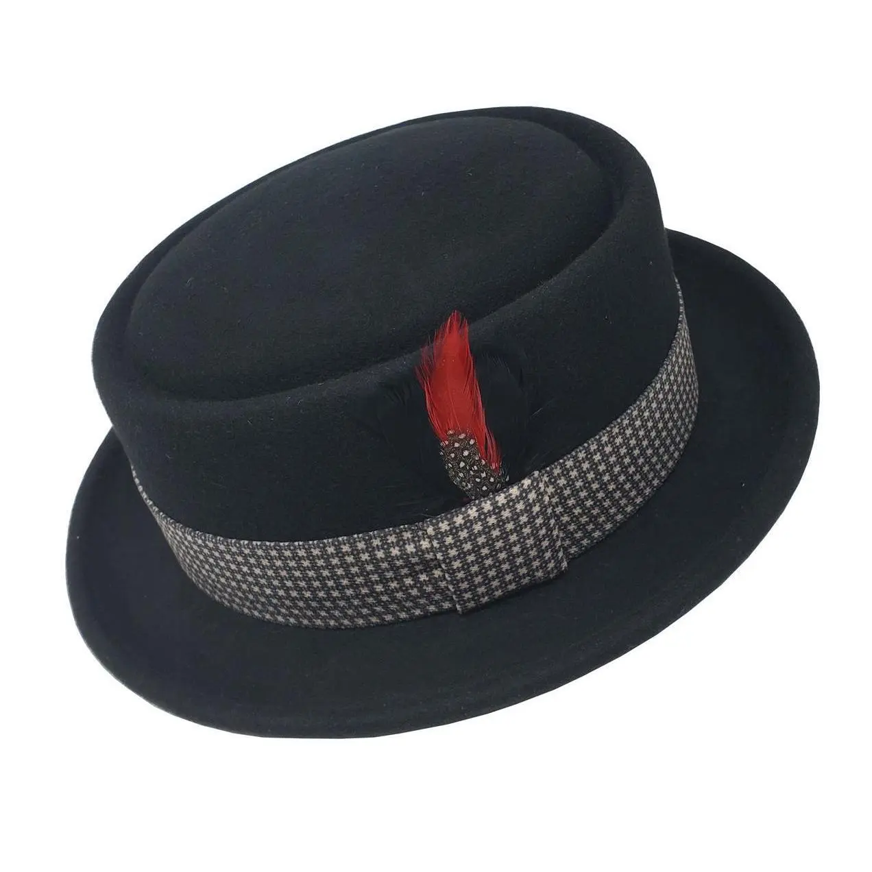 100% Wool Pork Pie Flat Top Fitted Hat - Black with Robert Pattern Lined Band, Fashion Accessories Hats, Fitted Hats