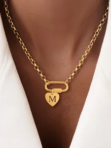 Women's Carabiner Lock Heart Pendant Necklace, Stainless Steel Chain, Fashion, Casual Style, All Seasons Wear, No Choking Hazard, Necklace Initial