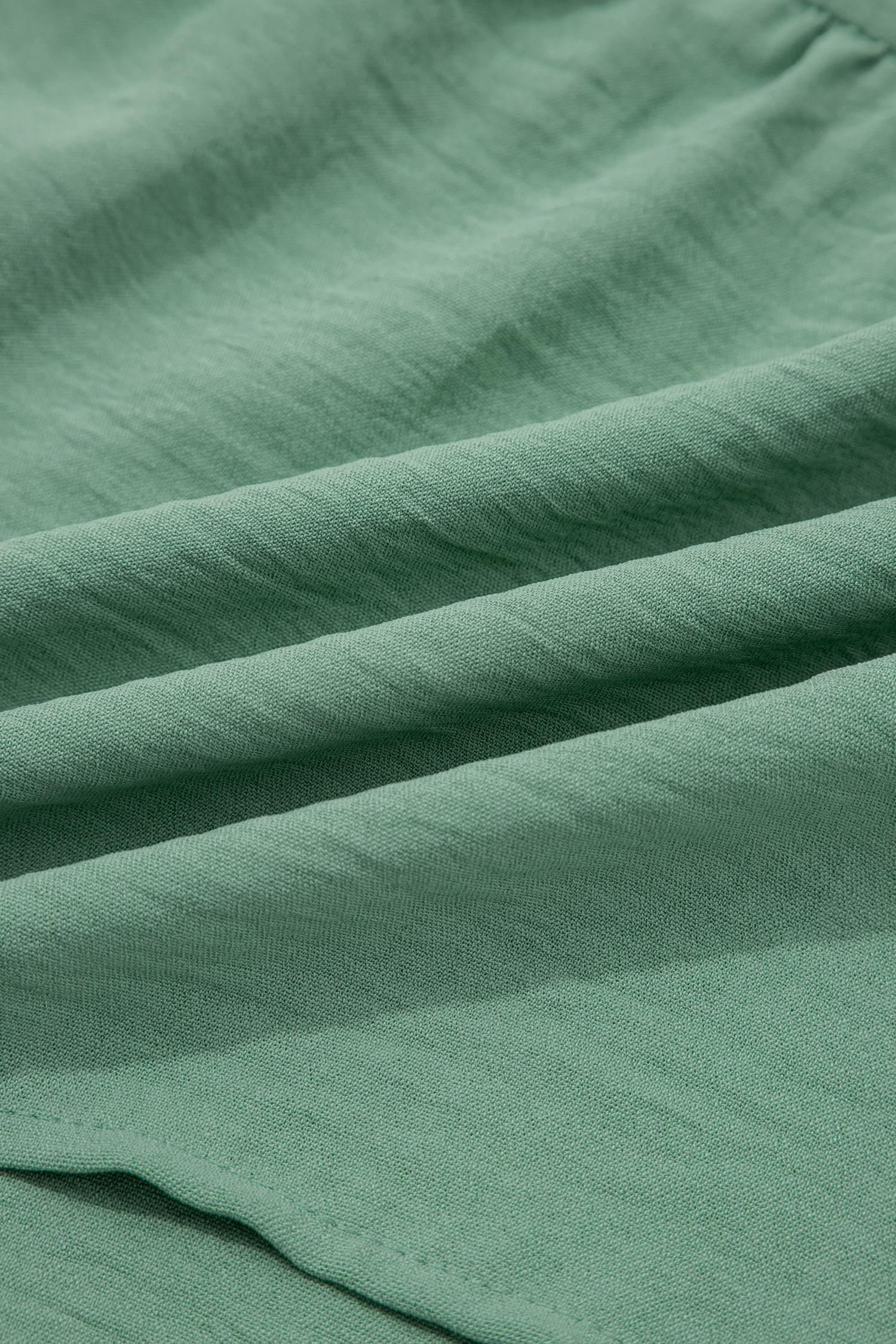 Women's Smoke Green Color Block Patchwork V-Neck Embroidered Puff Sleeve Babydoll Blouse, Casual Everyday Flowy Summer Tops for Women, Cute Preppy Peplum Shirts, Chic Boho Embroidered Blouses, Romantic Aesthetic Apparel