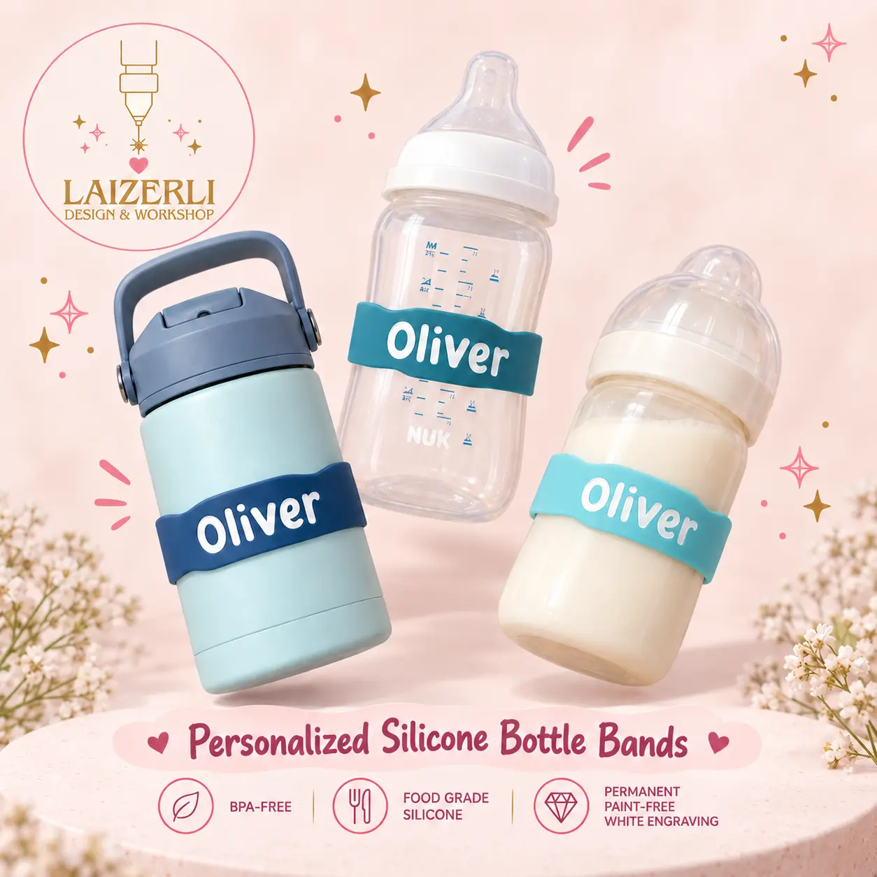 Personalized BPA-Free Food Grade Silicone Bottle Bands - Custom Easy-ID Flexible Permanent Labels for Baby Bottles, School Cups