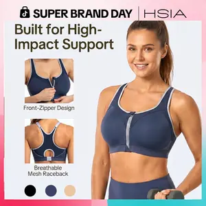 HSIA Speed Race Front Zipper Easy on/off Plus Size High Impact Wireless Fixed Cups Full Coverage Supportive Sports Bras Racerback Workout Bra Breathable Moisture Wicking Fabric Mesh Back Bra Adjustable Wide Padded Straps Gym Running Bra For Big Bust Women