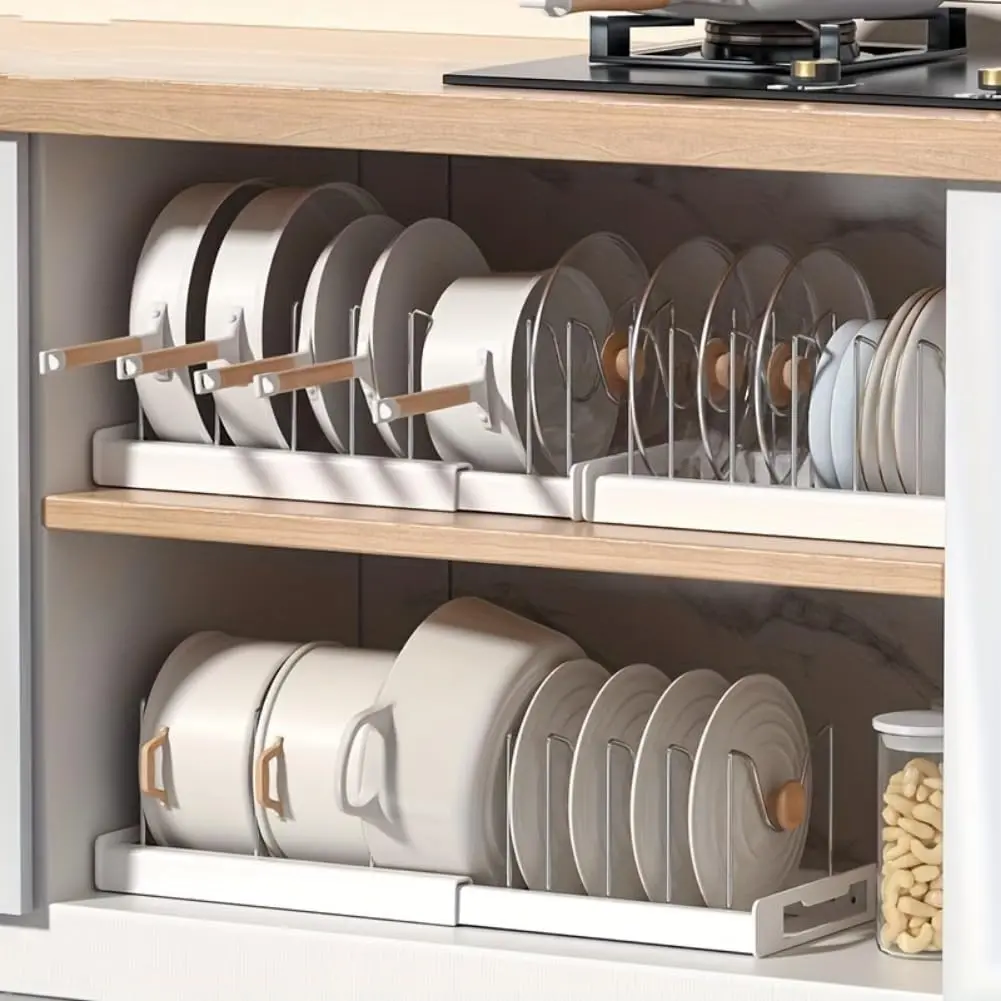 Sturdy Stainless Steel Pot Lid Holder - Adjustable Kitchen Organizers Organizing Rack, 7-Compartment Single Unit for Cabinet & Countertop, Holds 7+ Pan Lids & Bakeware, White/Grey