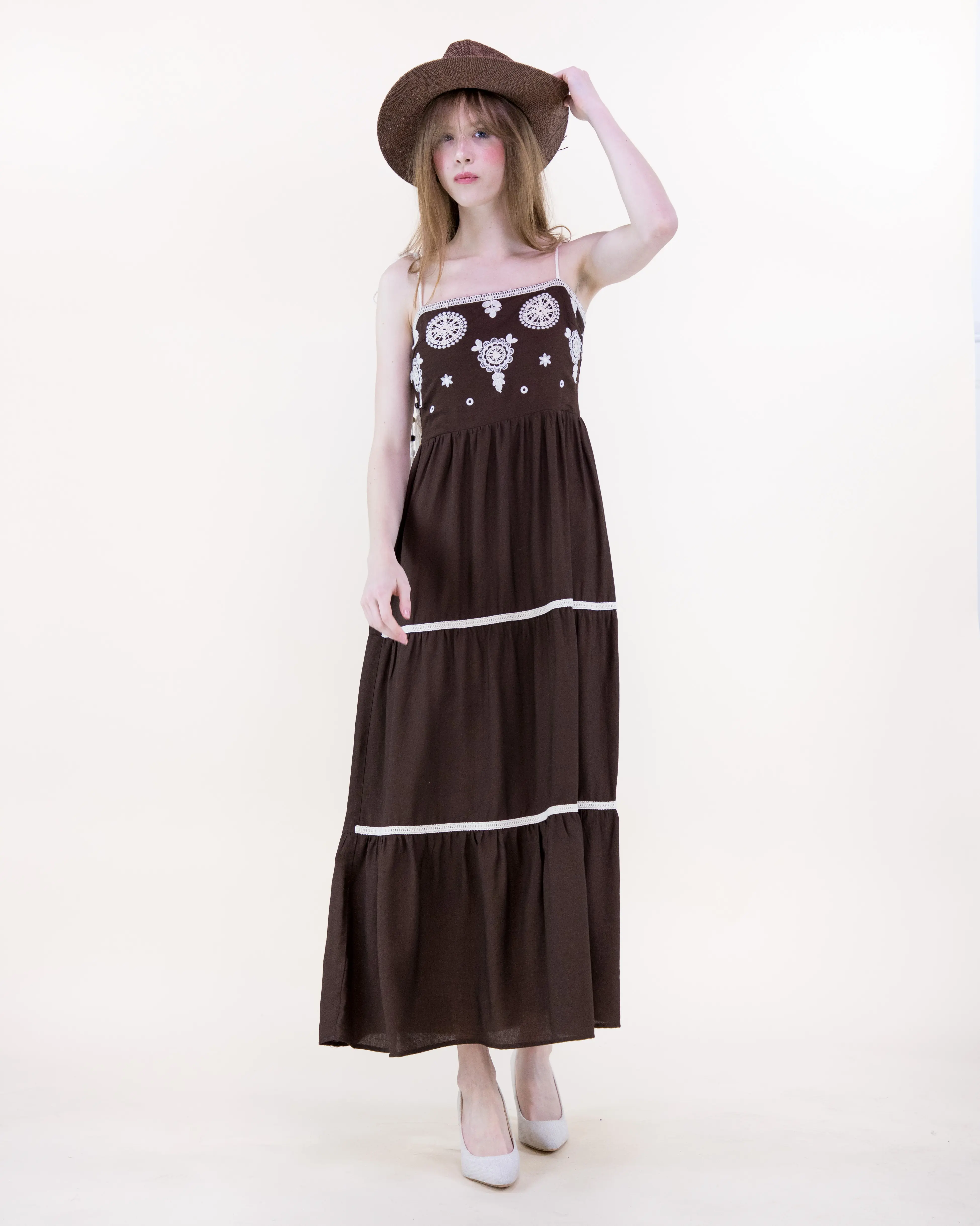 Women's Medallion Embroidered Bodice Rope Strap Maxi Dress – Boho Sleeveless Tiered Maxi Dress with Decorative Embroidery and Contrast Trim