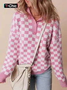 Autumn Winter New Plaid Checkered Knit Sweater Knitwear Polo Collar Loose Long Sleeve Top Women Elegant Comfortable Oversized Pullover