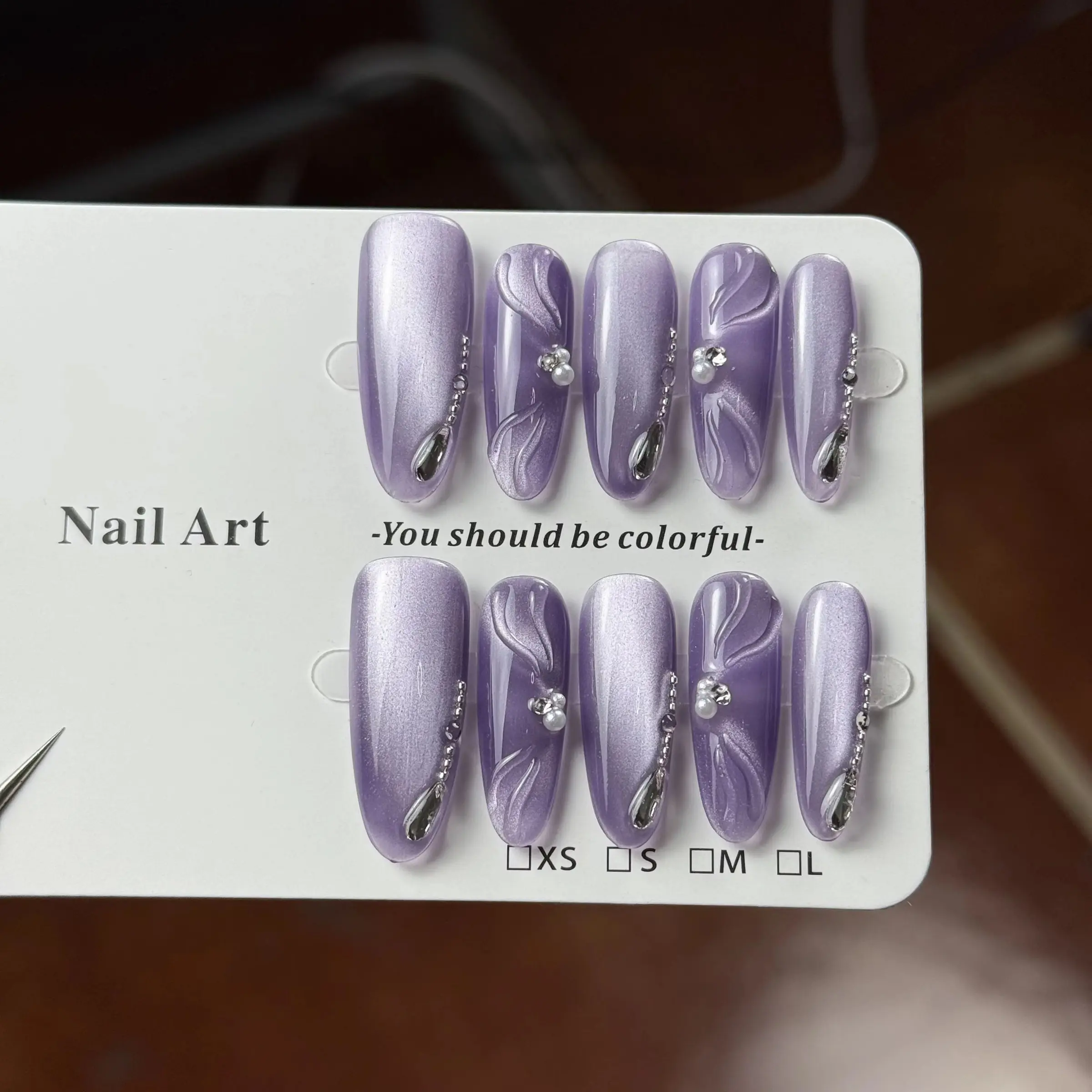 10pcs high-end Pure and elegant style, hand-painted fish tail, purple cat's eyes, fine sparkling diamond handmade fake nails, Glitter Decorative Nails, Nail Art Products