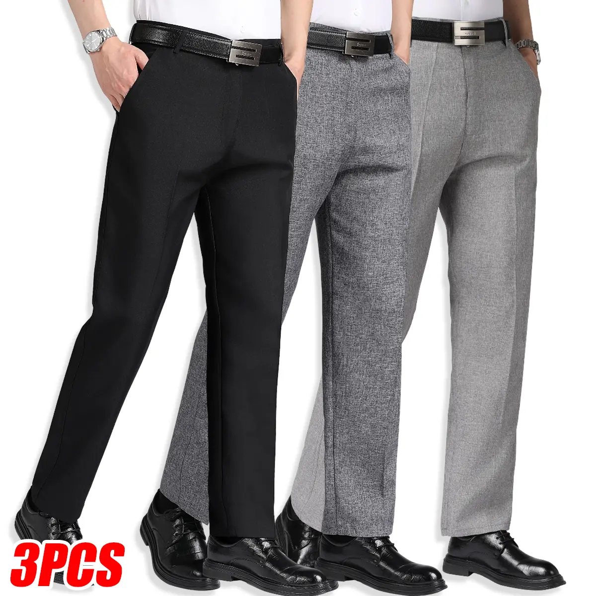 JOGWAVE Men’s 3-Pack Chic Business Straight-Leg Suit Pants, Office Staples with Comfortable Flex Mid-Rise Waistband, Slant Side Pockets, Buttoned Welt Back Pockets, Premium Polyester Wrinkle-Free Breathable Shape-Retaining Durable Trousers