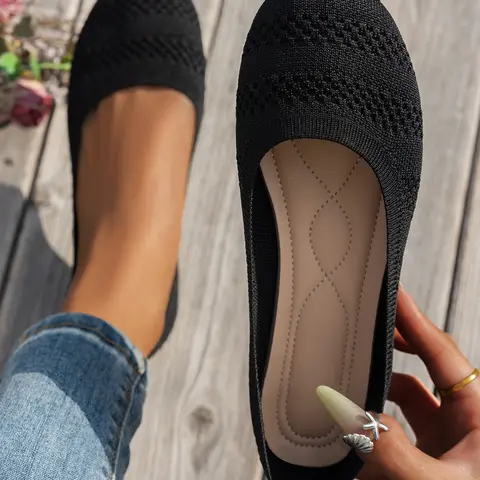 New Women's Fashion Round Toe Soft Sole Flat Shoes, Breathable Comfortable Flyknit Mesh Upper Non-Chafing Shoes, All Seasons Casual Wear