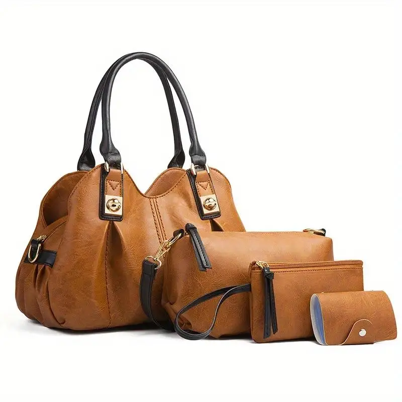 Women's Vintage PU Leather 4-Piece Handbag Set - Cute Basic Affordable Fashion Handbags, Soft Touch Double Handle Tote, Lightweight Crossbody, Clutch, Wallet, Ideal Gifts for Women