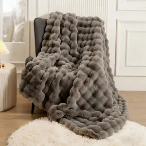 Super Comfort Oversized Warm Thick Bubble Luxury Plush Rabbit Faux Fur Throw Blanket, Fluffy Blanket,Soft Cozy Blanket for Couch Chair Bed Sofa Living Room,Brown