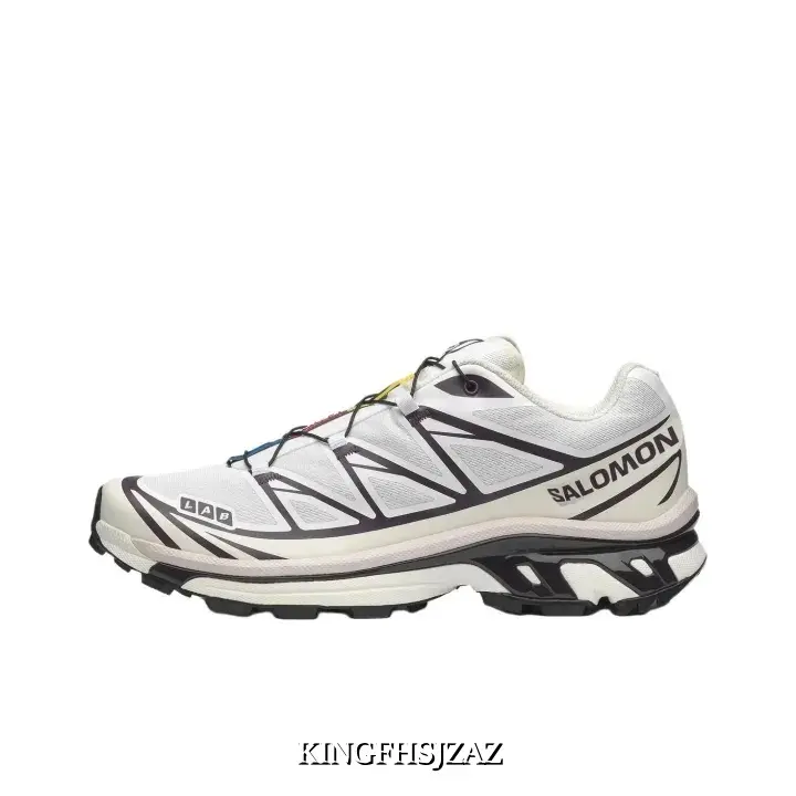 Brand New Unisex Retro Trail Sneakers With Shoe Box, Cream White Mesh Upper With Dark Plum Geometric Frames, Multicolor Quick Laces, Deep Lug Traction Sole, Classic Vintage Outdoor Kicks For Hiking And Clean Neutral Street Looks