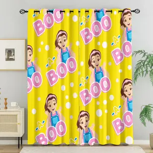 Yellow Polka Dot Peek-A-Boo Cartoon Character Blackout Curtain 2Pcs/Set, No Drill Ring Design, Washable Polyester Fabric, Suitable for Bedroom Living Room Kids Room Decor, Insulation, UV Protection, Gift Choice