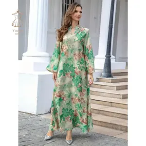 Women Abaya Dress Floral Print Long Sleeve Robe Long Dress Prayer Clothes Dubai Jilbab