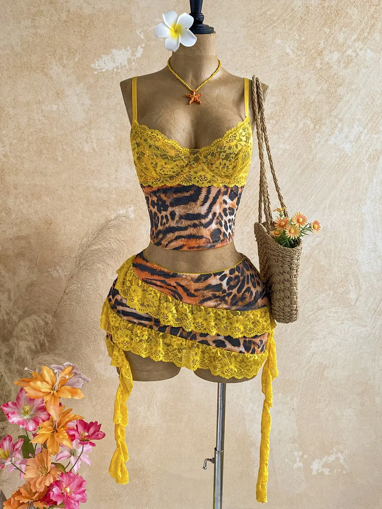 Women's Light Orange Tiger Print Two Piece Skirt Set | Lace Trim Camisole Crop Top And Asymmetrical Ruffle Hem Skirt With Tropical Boho Style | Summer Beach Vacation Holiday Resort Festival Date Night Going Out Matching Outfit For Women