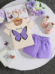 Girls' Summer Outfit, Purple Butterfly Girl Style, Two-Piece Set (Short Sleeve Top + Shorts), Flared Sleeve with Purple Trim + Purple Butterfly Bow Waist Shorts, Kids' Easter Gift, Daily Wear Outfits, Outings