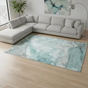 HomeRoots 647013 9 x 12 ft. Teal & Ivory Abstract Transitional Washable Machine Made Rectangle Area Rug with UV Protection