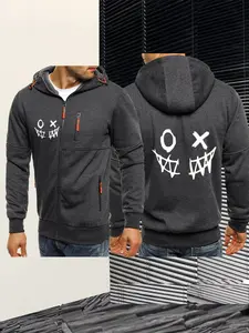 Men's Patchwork Zip Hoodie Jacket, Graphic Print Casual Element, Long Sleeve Slim-Fitting, All Seasons Fashion