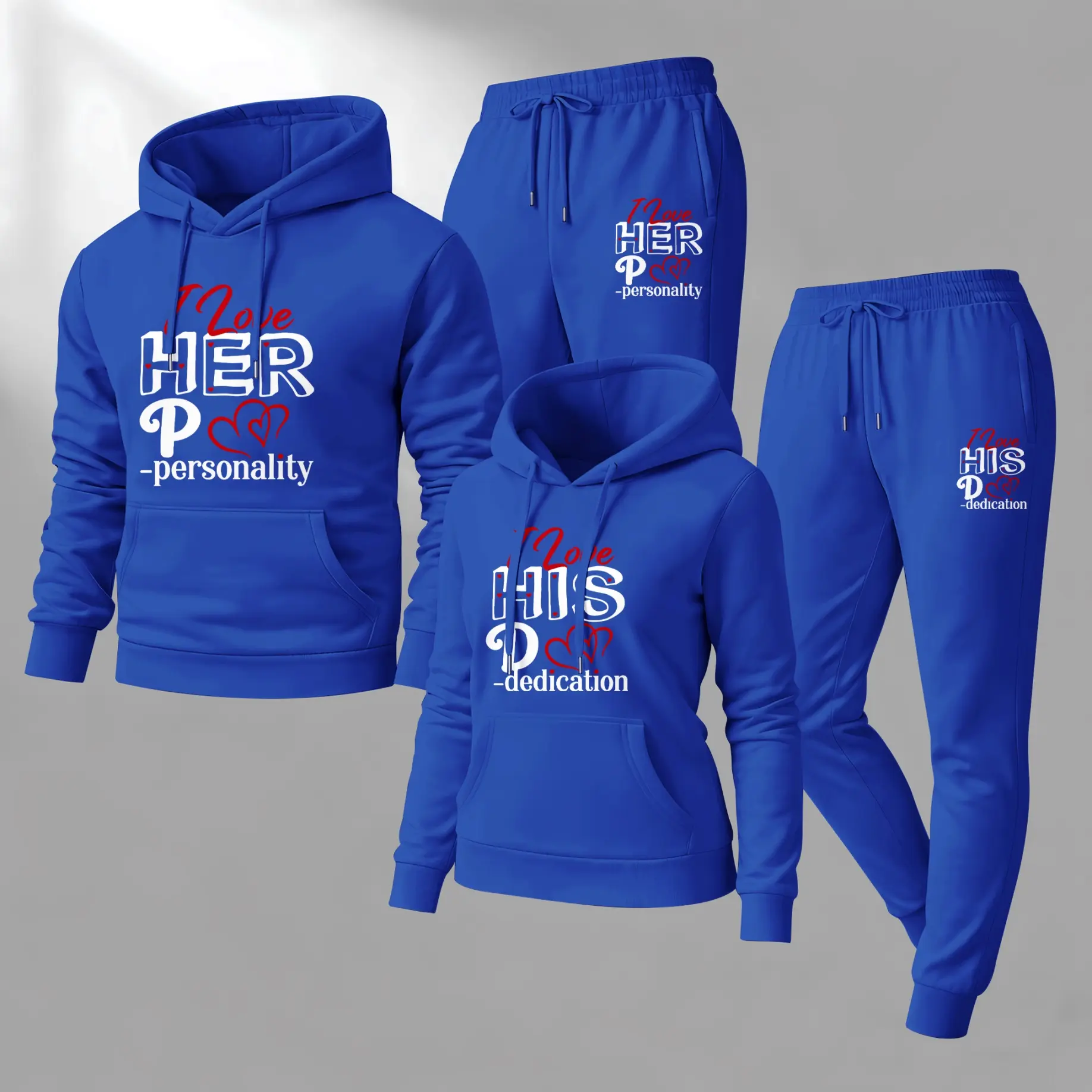 Men's 2-Piece Love Print Tracksuit - Long-Sleeve Hooded Sweatshirt, Drawstring Sweatpants, Casual Athletic Apparel for Autumn, Winter, Spring Everyday Wear