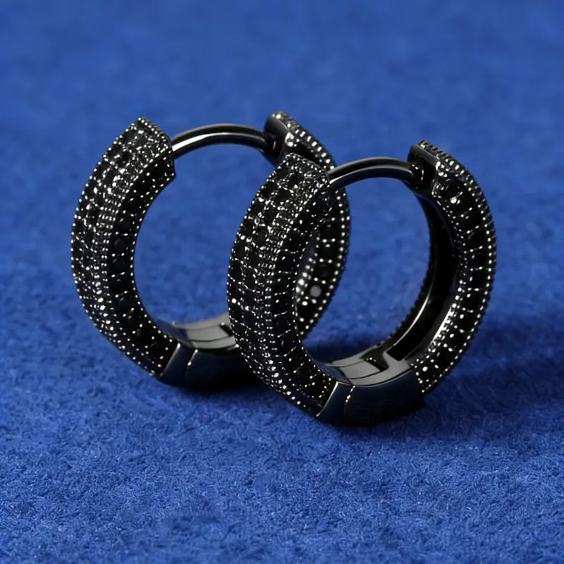 Men's Black Hoop Earrings - Sleek Modern Design with Sparkling Crystals, Durable Metal, Versatile for Casual & Formal Wear, Trendy Earrings, Fashionable Earrings, Fashion Statement, Contemporary Jewelry, Polished Finish, Statement Piece