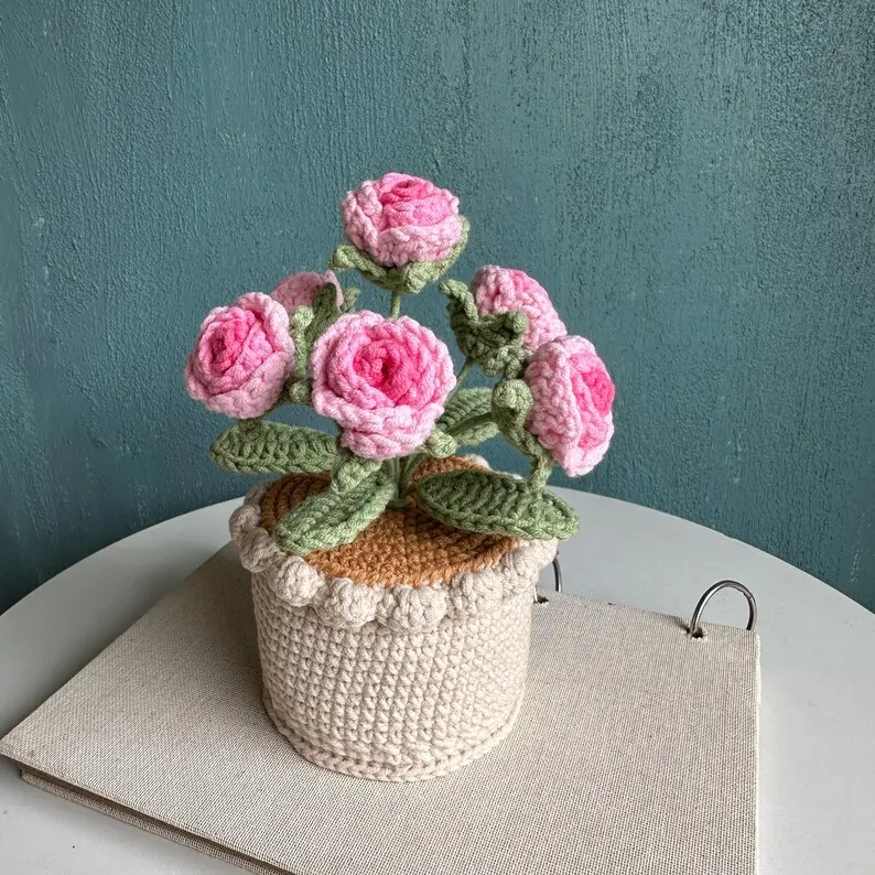 Crochet Rose in pot,Handmade Flower Ornament home decor, desk decoration, Knitted plant, Get Well Soon, Mother's day Birthday Gift for her