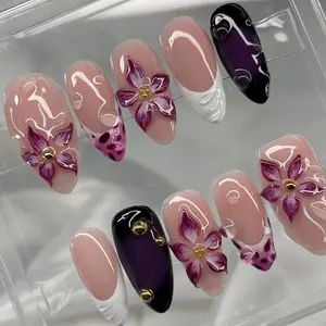 Elegant Long Almond Nail Tips, 3D Floral Gel Nail Art Stickers, 24pcs High-End Press-On Nails for Women Girls, Perfect for Dates Parties, Flower Design Nails