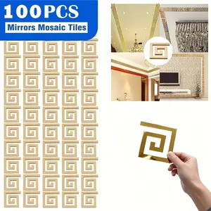 100pcs， Golden square hollow acrylic mirror sticker, self-adhesive removable seamless wall decoration, used for living room, bathroom, bathroom, bedroom background wall, home DIY waistline decoration