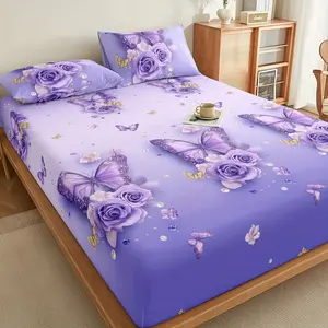 Three-Piece Butterfly Rose Bedding Set, 360° Mattress Fit, Soft Touch, Anti-Slip, High Elasticity, No Iron, Includes Bed Skirt and Two Pillowcases