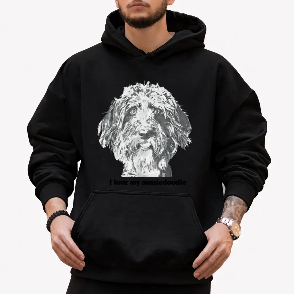 Men's Long Sleeve Hoodie with Aussie Doodle Graphic – Heavyweight Black & White Casual Wear, Perfect Gift for Dog Lovers, Available S-XXXL