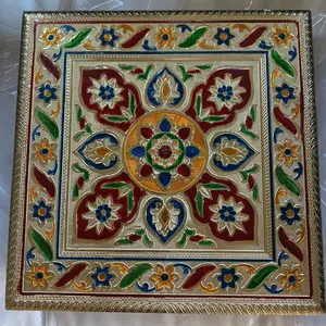 Traditional 12x12 Puja Bajot Chowki with Floral Design Handcrafted Wooden Platform for Pooja Rituals & Mandir Décor Vibrant Multicolor Floral Embossed Pattern