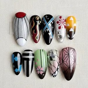 Demon Slayer Anime Press On Nails, KNY Inspired Nail Art Set, Hashira Character Design Acrylic Nails, Cosplay Manga Themed Fake Nails