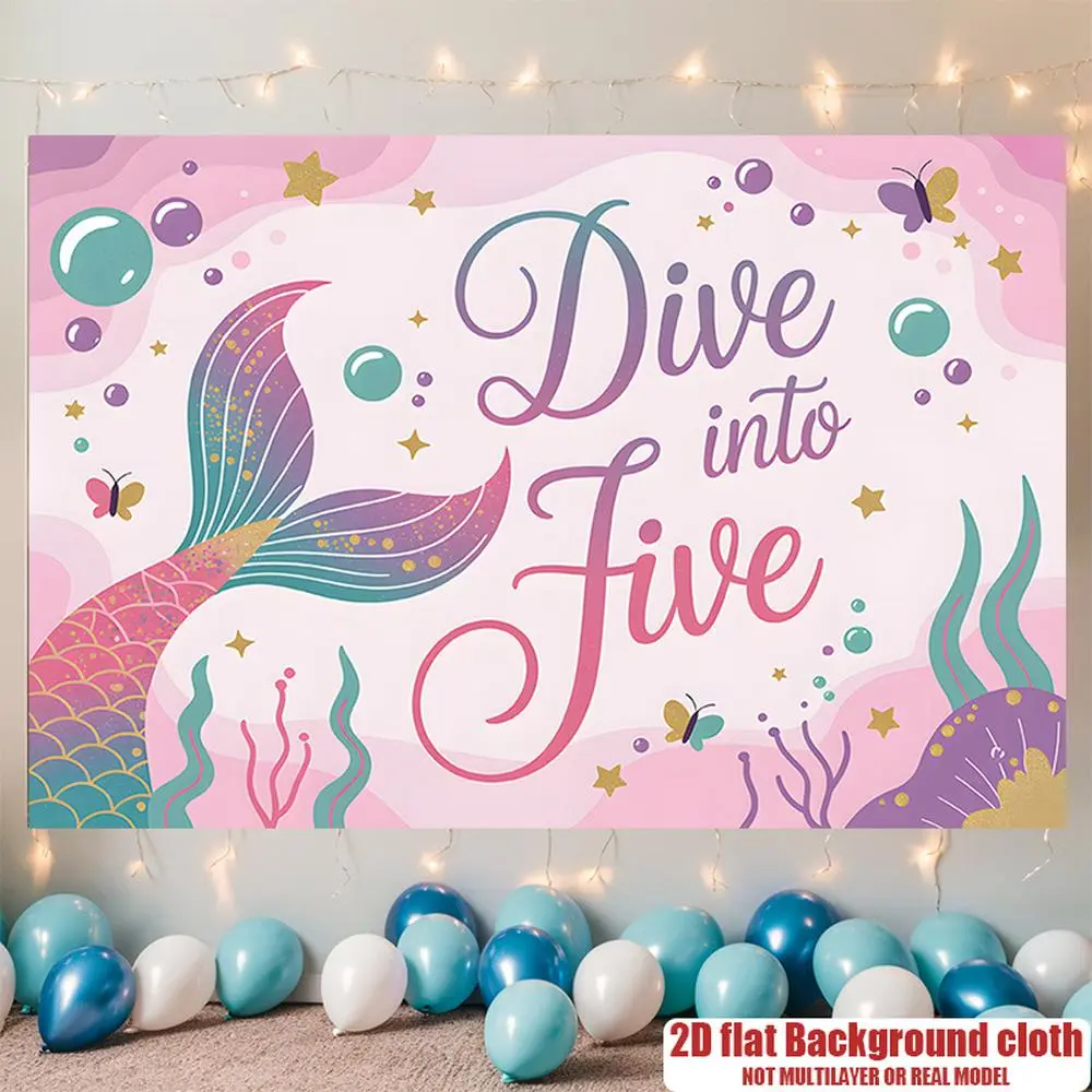 2D Flat Banner Polyester Photography Backdrop, HD Digitally Printed Mermaid Tail Theme Background Cloth with "Dive into Five" for Girls' 5th Birthday Party Decoration, Soft Lightweight Foldable Photo Booth Prop for Underwater Ocea