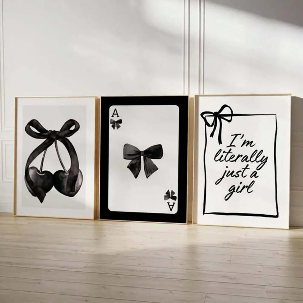 3 Pieces Black Bow Preppy Style Art Prints, Youthful Vitality Wall Mural, Campus Style Home Art, Dark Tone Painting, Decoration Items, Wall Decor for Bedroom and Dorm, Framed or Unframed
