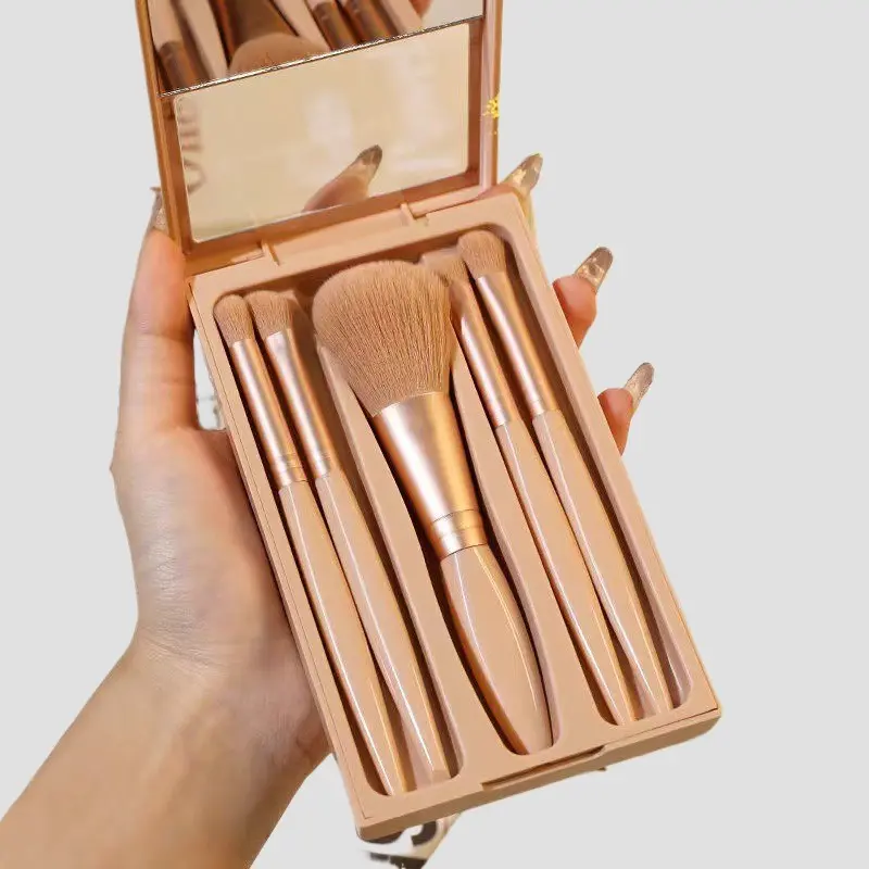 Portable Makeup Brush Set with Mirror Case, Brush Combo, 5pcs/set Mini Makeup Brushes, Essential Brushes for Foundation, Powder, Concealers, Blush, Face Makeup Brush, Makeup Tools Set for Home Travel Use, Beauty Travel Brush