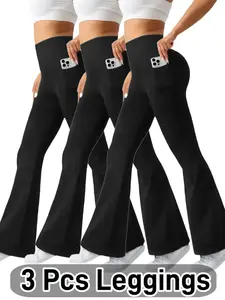 3-Pack Wide Waistband Flare Leg Pants,Casual High Waist Slimming Flares,Sports Pants,Solid Black,Phone Pocket,Stretchy Tummy Control Workout Leggings