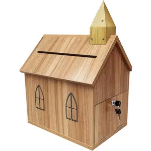 Engineered Wood Tithes Offering Donation Box with Christian Cross, Church Collection Box, Charity Box, Anti-Fishing, Requires Simple Assembly, Size 14.5 x 10.4 x 20.3