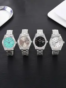 RICECOO 1pc silver business analog quartz watch, stainless steel strap, date function, men's fashion wristwatch, suitable for wearing in any occasion