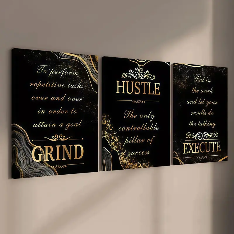 3-count wooden frame canvas, black and gold texture inspiring three-piece Artistic decorative Print poster, Aesthetic Wall Decor, Artistic Indoor Decoration, perfect for living room, bedroom, office, and modern home decor