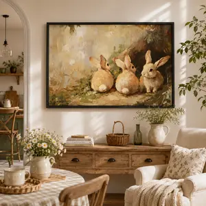 Cute Rabbits Canvas Wall Art, Vintage Bunnies Easter Wall Decor, Cottage Spring Rabbit Painting, Aesthetic Canvas Print for Living Room Bedroom Home Decor