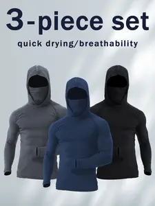 3-piece men's hooded long-sleeve sportswear with face mask design, made of high elasticity and breathable fabric, suitable for outdoor running, fishing, and mountain climbing wear