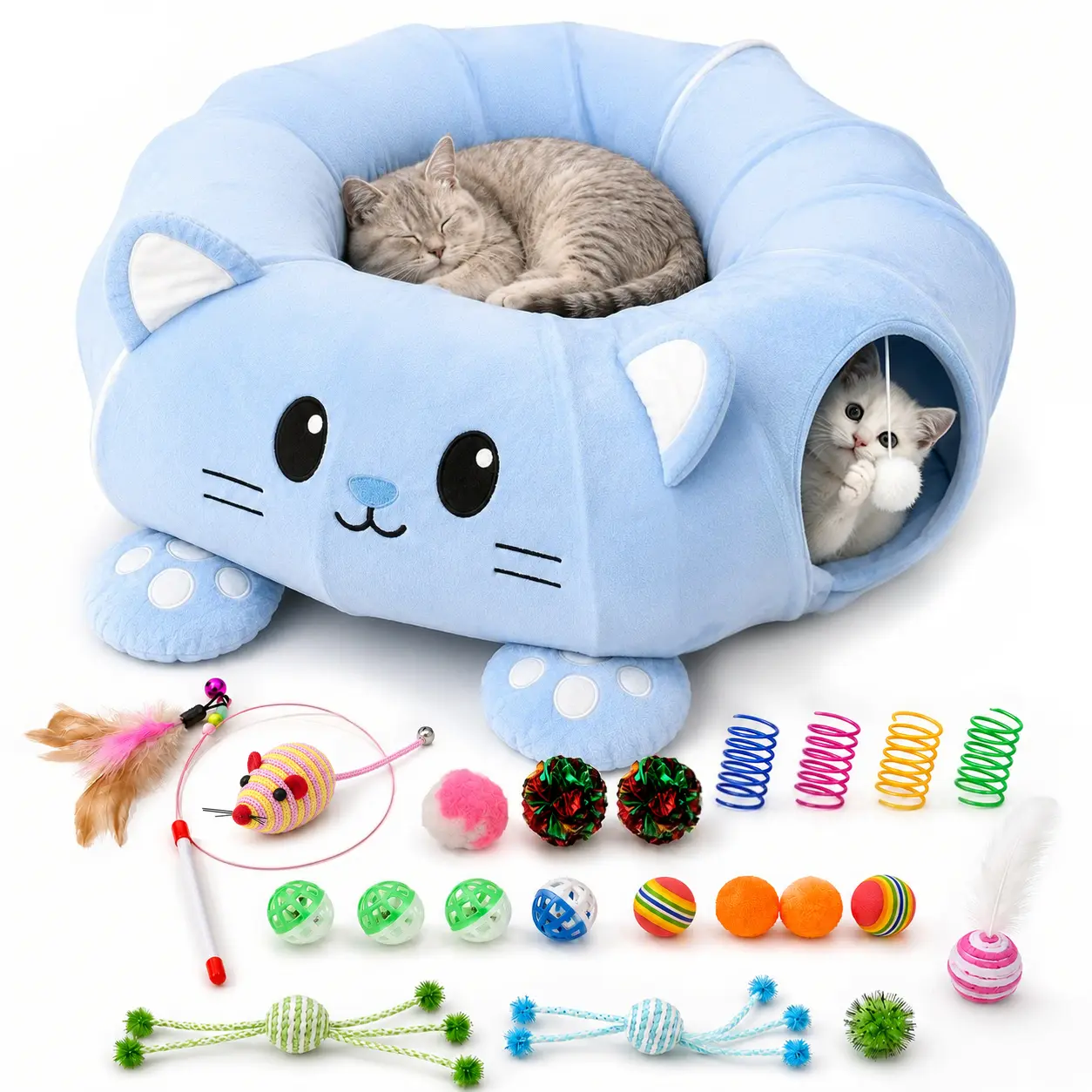 Large Plush Fabric Donut Shape Cat Tunnel Bed - Collapsible Circle Form Indoor Pet Accessory, 3-in-1 Hideaway with Cat Toys, Cozy Resting DIY Gift-Ready Item for Kitties