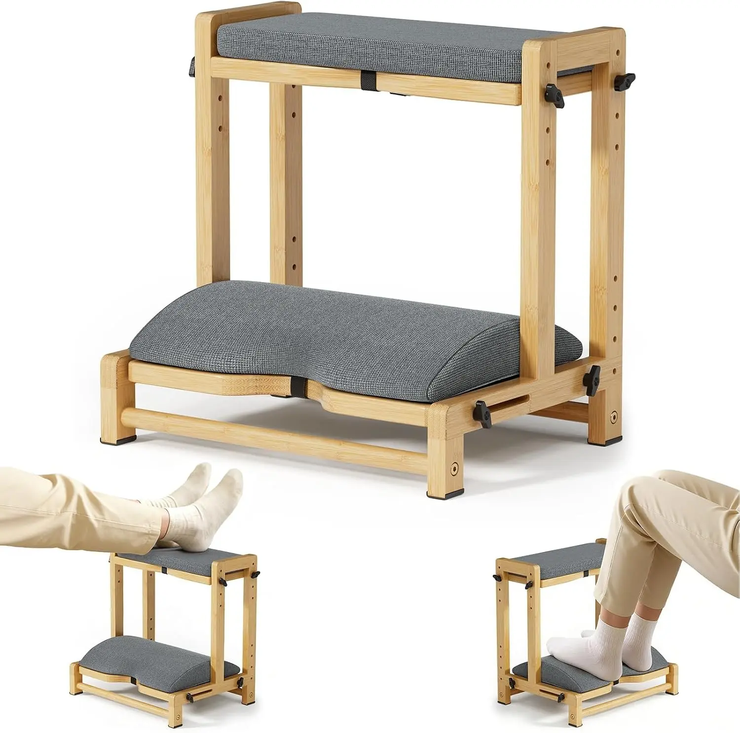 Double Step Foot Rest Under Desk, Adjustable Wooden Desk Foot Rest with 4 Heights, Ergonomic Foot Stool with Cushion for Office, Gaming & Study (Natural Color)