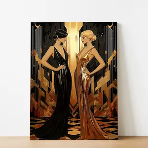 1pc Wooden Framed Canvas Painting Art Deco Glamour Art Print Shimmering Nightclub Duo in Gold and Black 1920s Fashion Elegance For Living Room Home Walls Decoration With 11.8x15.7Inch