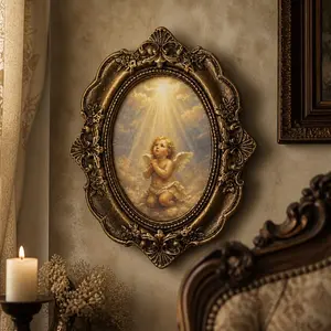 Vintage French Angel Prayer Wall Art, Baroque Antique Gold Relief Frame, French Style Decor, Living Room Bedroom Hanging Picture, Gallery Home Accent