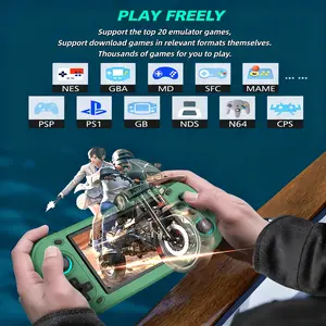 R43S retro game console features a 4.2-inch IPS screen, an open-source Linux system, 20,000 built-in games, support for 10 emulators, 64GB/128GB of storage, a built-in 3000mAh battery, and Wi-Fi connectivity. It is a portable handheld device.