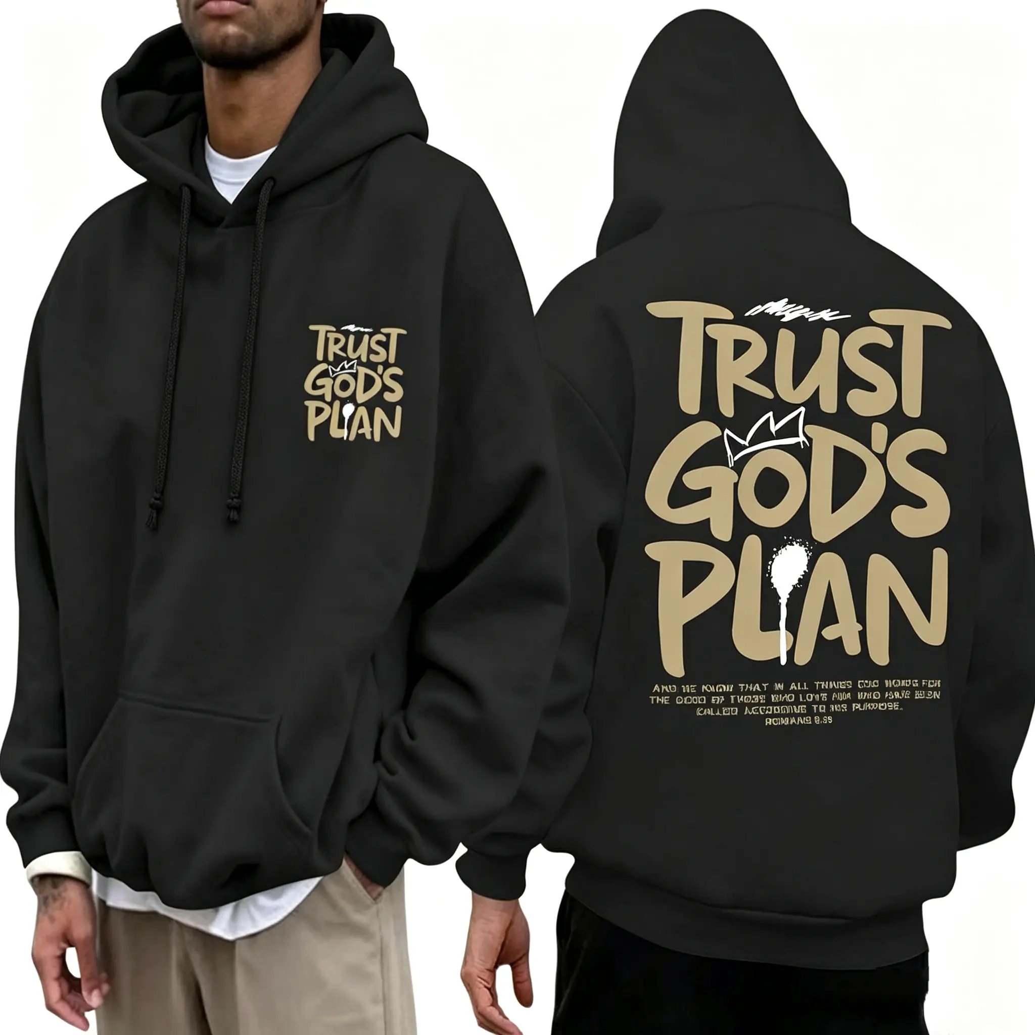 Two Sided Print Trust God's Plan Crown Graphic Hoodie, 270G Brushed Fleece Oversized Black Hooded Sweatshirt, Front Chest Small Tan Bubble Letter Logo & Back Large Bold Graffiti Scripture Print, Urban Streetwear Christian Faith Pullover For Men Women